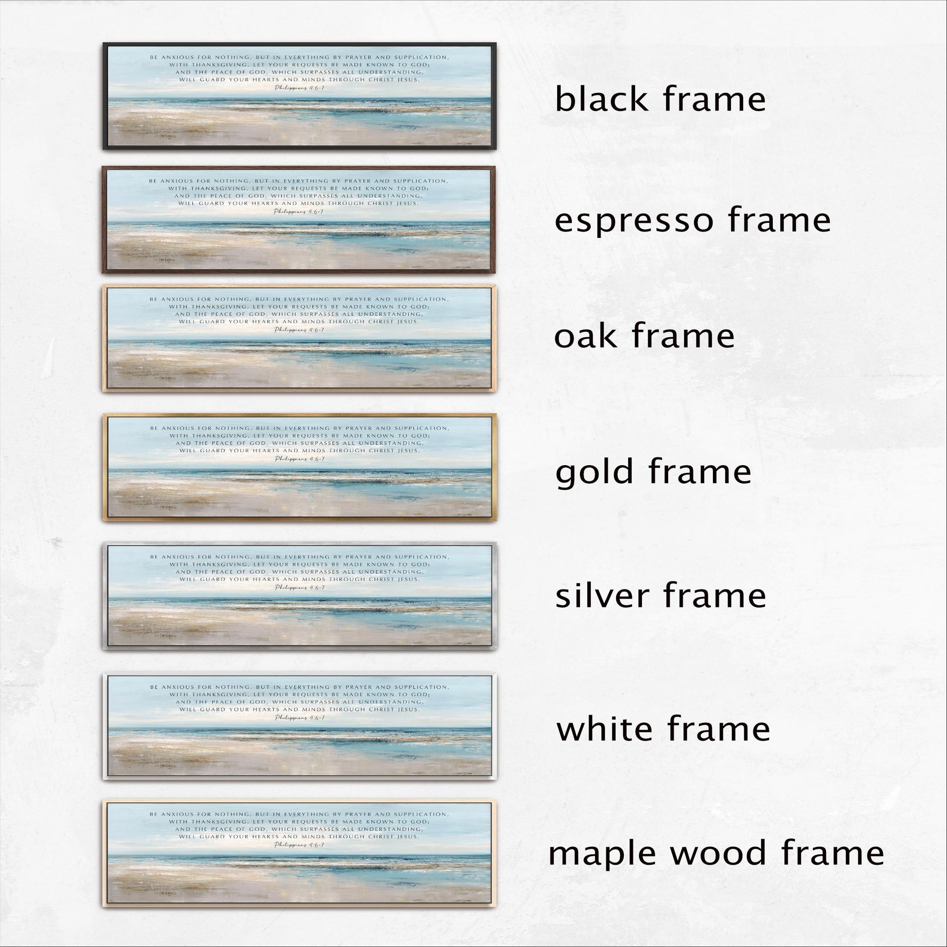 a collection of six framed artworks, each with a different frame color and style, including black, espresso, oak, gold, silver, and white frames.