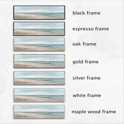 a collection of six framed artworks, each with a different frame color and style, including black, espresso, oak, gold, silver, and white frames.
