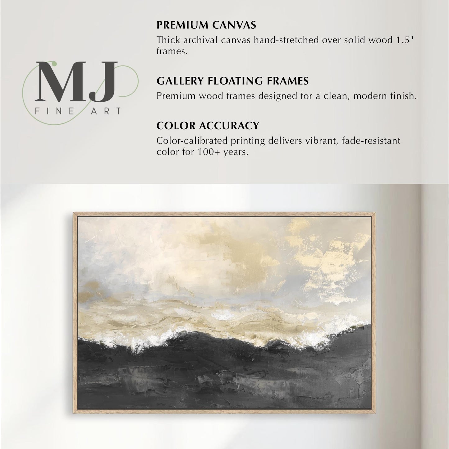 The image is a collage of various artworks, including a large painting of a landscape with a cloudy sky and a smaller painting of a black and white abstract composition. The artworks are framed in wooden frames, and the image is described as a premium canvas hand-stretched over solid wood 1.5" frames. The artworks are designed for a clean, modern finish, and the color accuracy of the color-calibrated printing ensures vibrant, fade-resistant color for 100+ years.