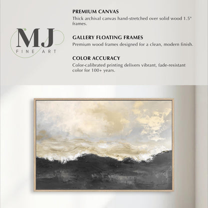 The image is a collage of various artworks, including a large painting of a landscape with a cloudy sky and a smaller painting of a black and white abstract composition. The artworks are framed in wooden frames, and the image is described as a premium canvas hand-stretched over solid wood 1.5" frames. The artworks are designed for a clean, modern finish, and the color accuracy of the color-calibrated printing ensures vibrant, fade-resistant color for 100+ years.