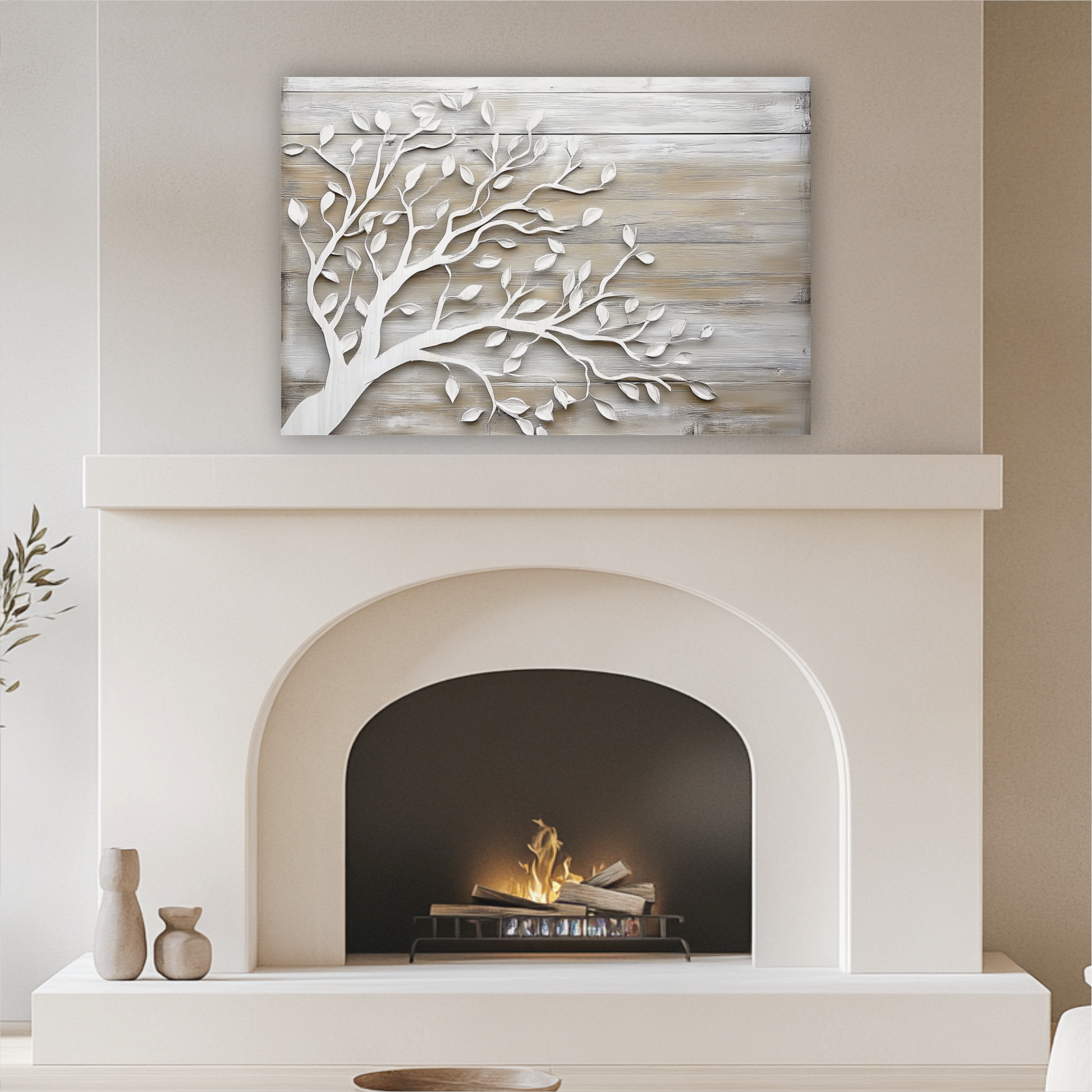 a cozy living room with a white fireplace and a wooden tree design above it. The fireplace has a black screen and a fire burning inside, creating a warm and inviting atmosphere.