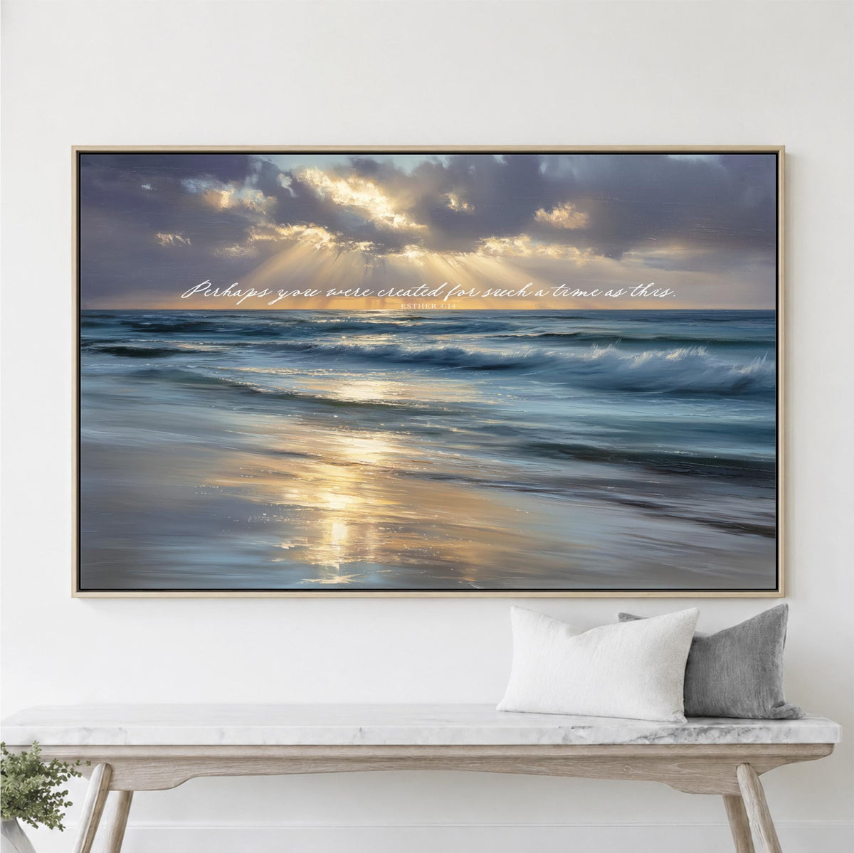 Perhaps You Were Created for Such a Time as This, Wall Art Ocean Sunset Landscape, Gift Christian Women, Coastal Beach Framed Canvas