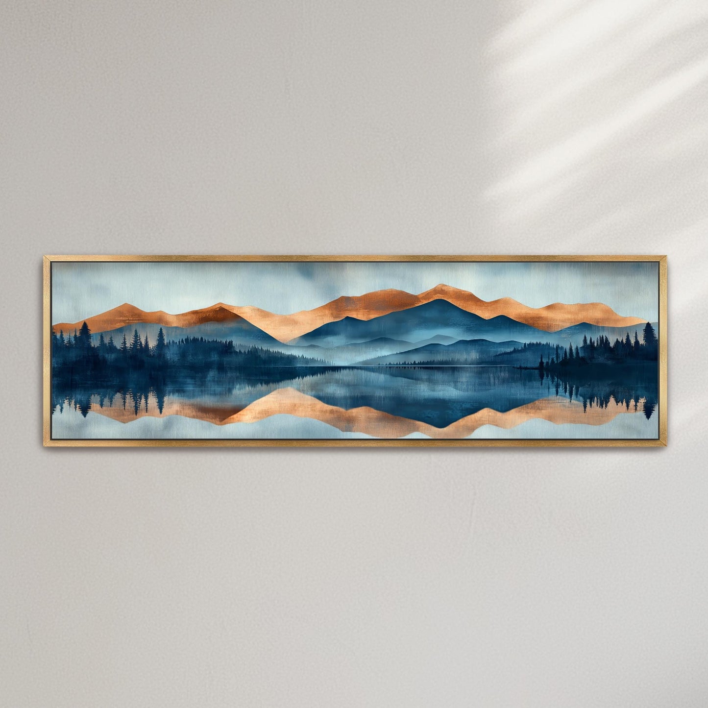The image is a framed painting depicting a serene landscape with mountains, trees, and a lake reflecting the sky.