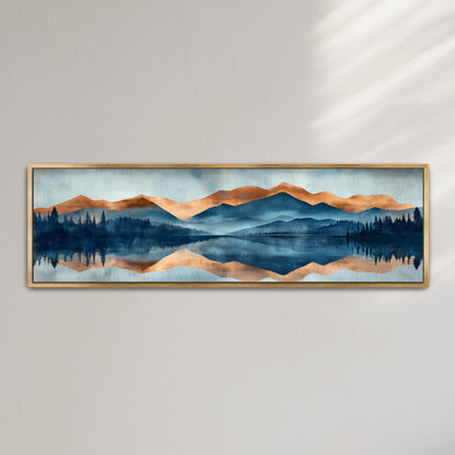 The image is a framed painting depicting a serene landscape with mountains, trees, and a lake reflecting the sky.