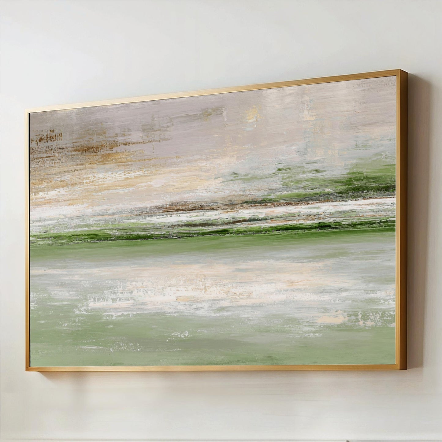 The image is a large abstract painting with a predominantly green and white color palette, depicting a landscape scene with a body of water and a sky.