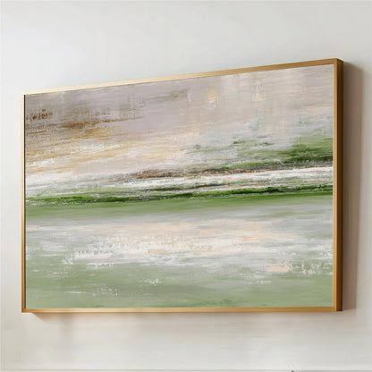 The image is a large abstract painting with a predominantly green and white color palette, depicting a landscape scene with a body of water and a sky.