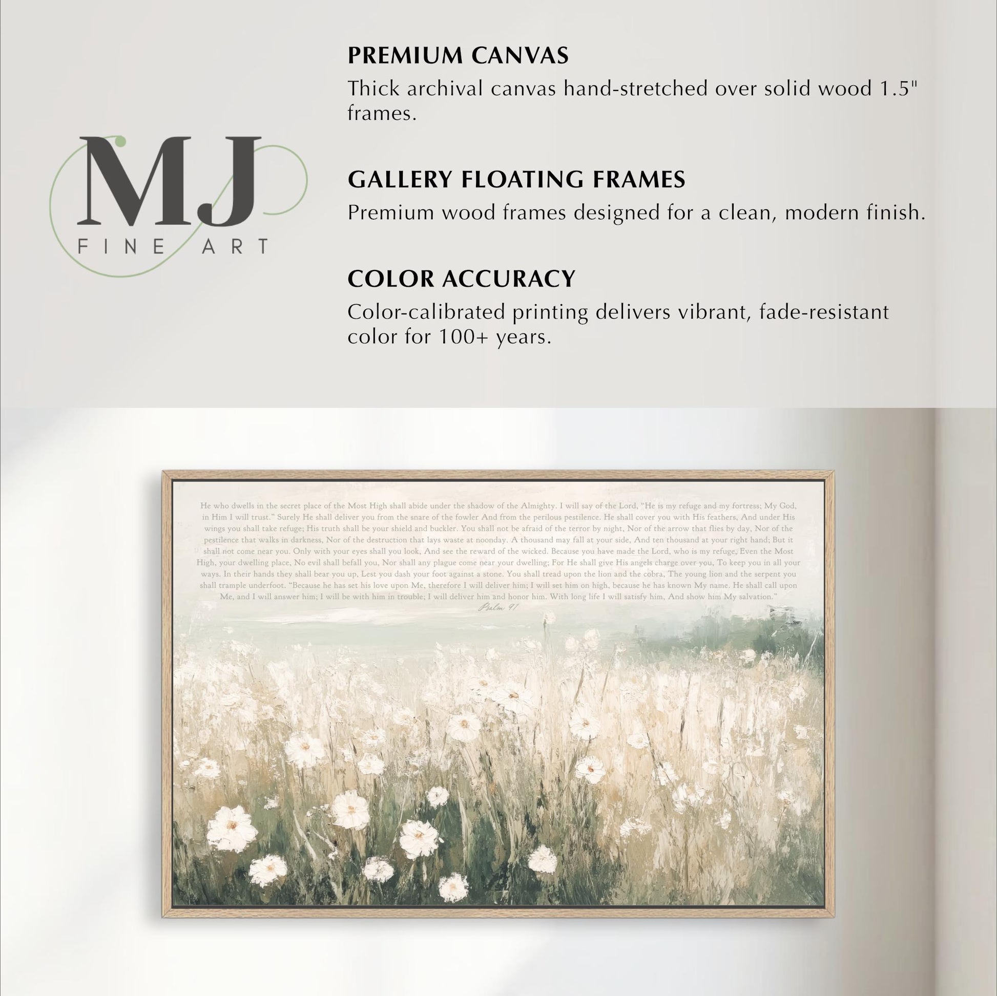 The image is a framed artwork depicting a field of white flowers.