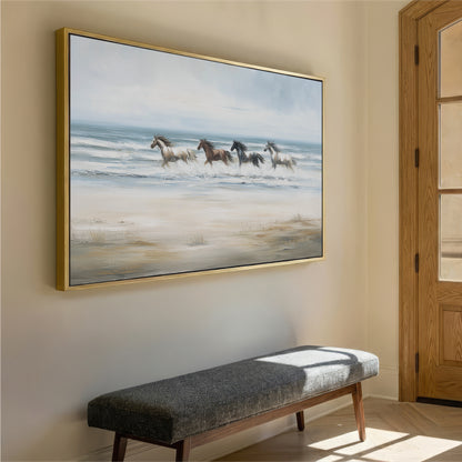 a large painting of horses running on a beach, hanging on a wall in a room with a wooden door and a bench.