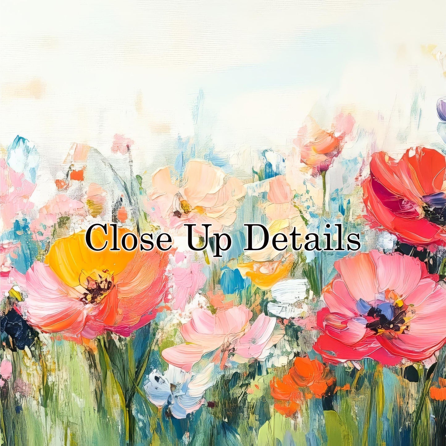 The image is a vibrant and colorful painting of a field of flowers, with various shades of pink, orange, and yellow blooms. The text "Close Up Details" is overlaid on the image, suggesting that the viewer should closely examine the details of the flowers.