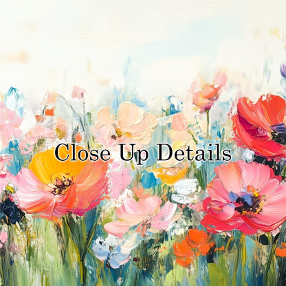 The image is a vibrant and colorful painting of a field of flowers, with various shades of pink, orange, and yellow blooms. The text "Close Up Details" is overlaid on the image, suggesting that the viewer should closely examine the details of the flowers.