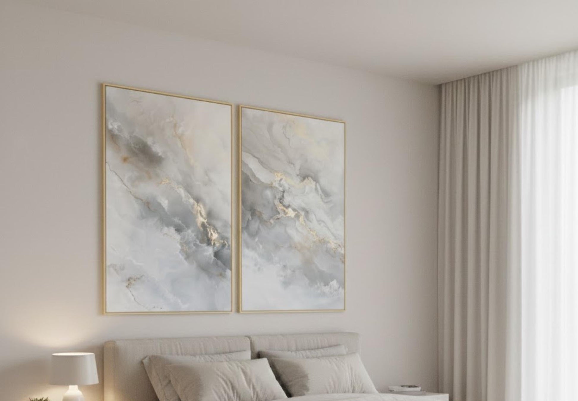 a modern bedroom with a large bed, white bedding, and a large abstract painting on the wall above it.