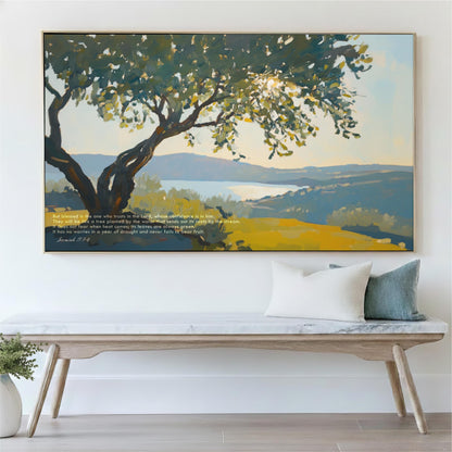 a large painting of a tree with a serene landscape in the background, hanging on a wall above a wooden bench with pillows.