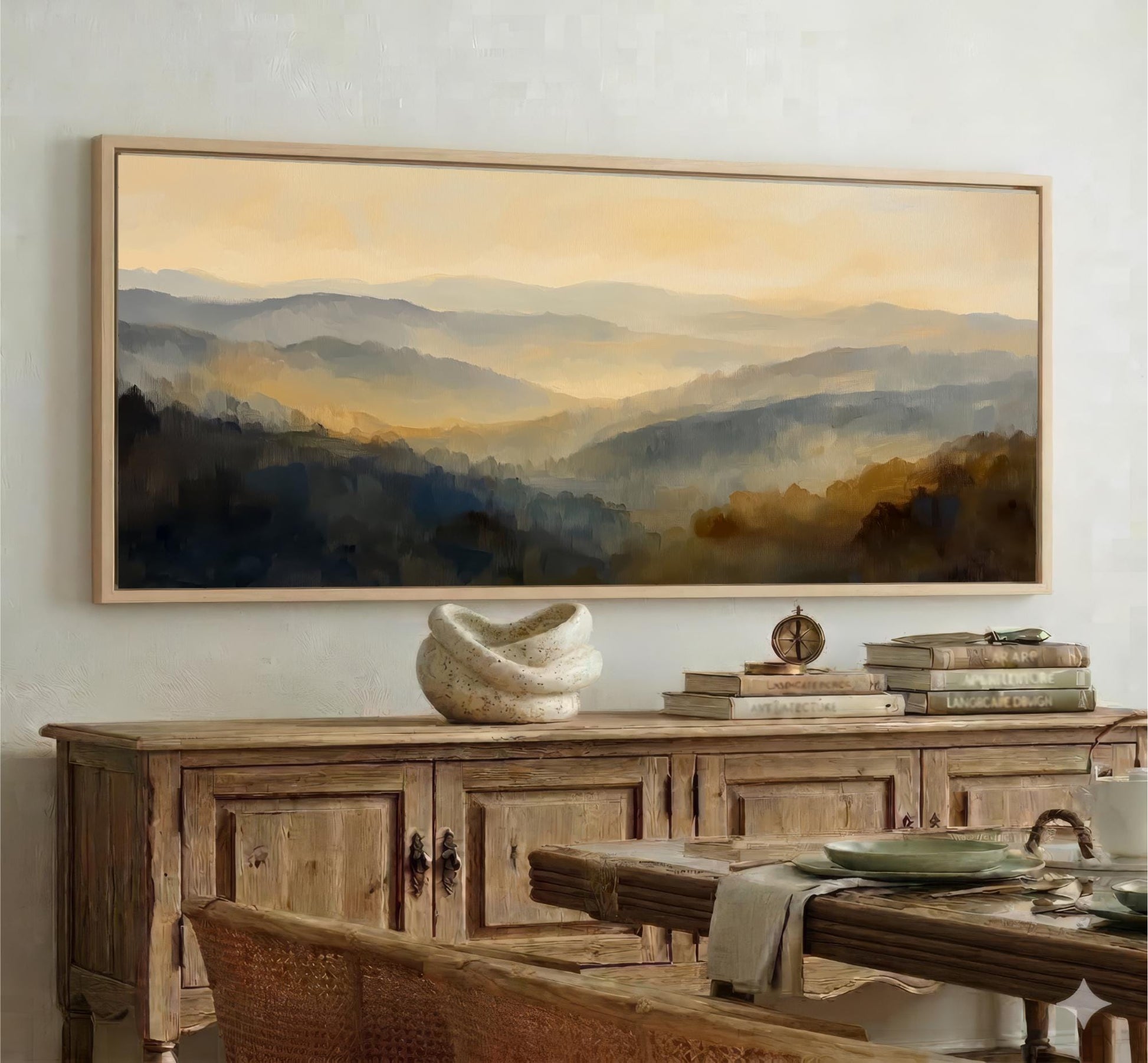 a large painting of a mountainous landscape hanging on a wall above a wooden cabinet. The cabinet has a vase and some books on top of it. In the foreground, there is a dining table with chairs and a bowl on it.