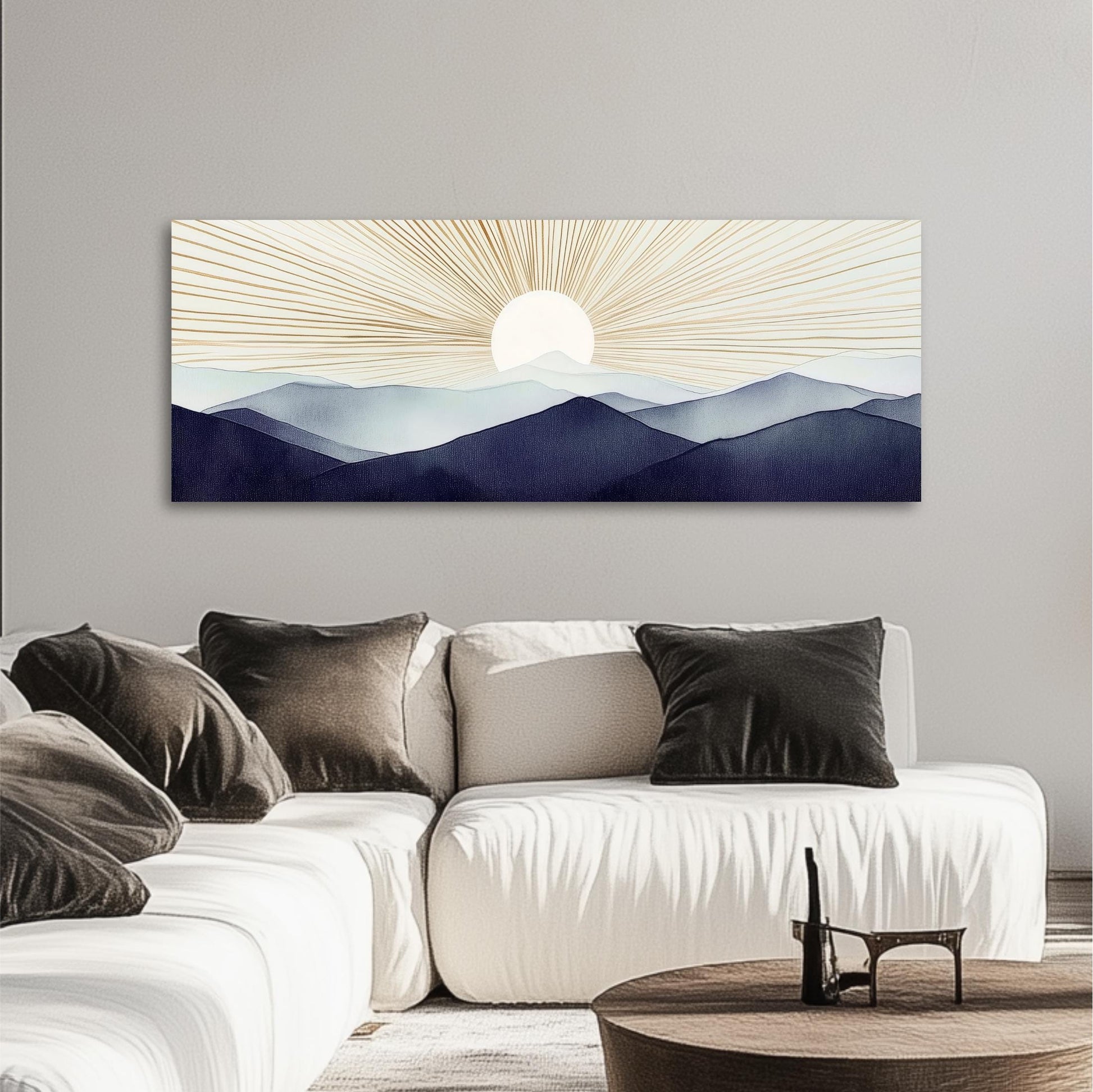 a living room with a white couch and a painting on the wall