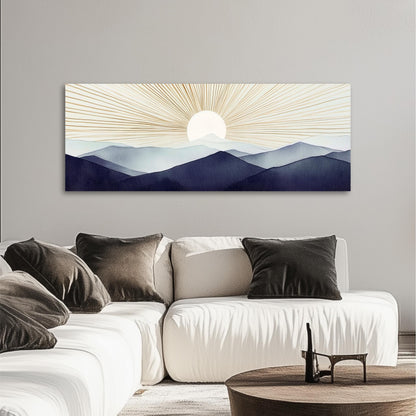 a living room with a white couch and a painting on the wall