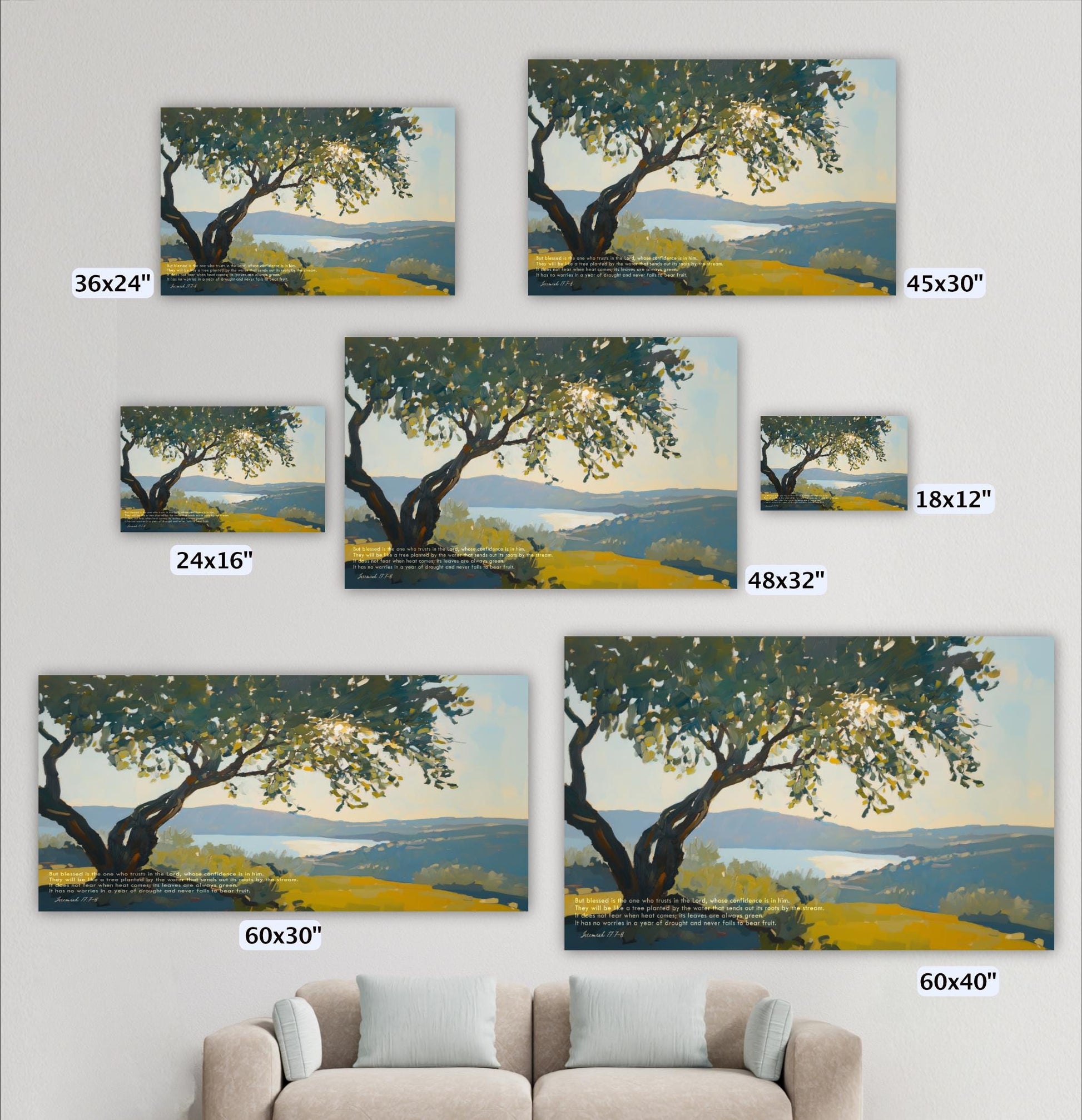 a collection of six landscape paintings, each depicting a serene scene of a tree and a body of water. The paintings vary in size, ranging from 36x24 inches to 60x30 inches. The artworks are arranged in a grid format, showcasing the different perspectives and dimensions of the paintings.
