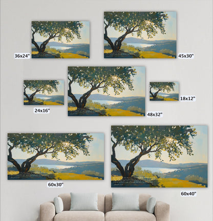 a collection of six landscape paintings, each depicting a serene scene of a tree and a body of water. The paintings vary in size, ranging from 36x24 inches to 60x30 inches. The artworks are arranged in a grid format, showcasing the different perspectives and dimensions of the paintings.