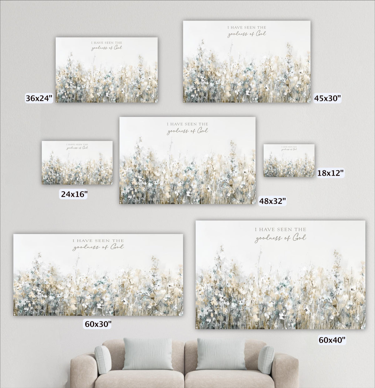 a collection of six different sizes of the same floral landscape painting, each with a unique size ranging from 36x24 to 48x32. The painting features a serene, natural scene of trees and flowers, and the text "I have seen the glory of God" is visible on each canvas.