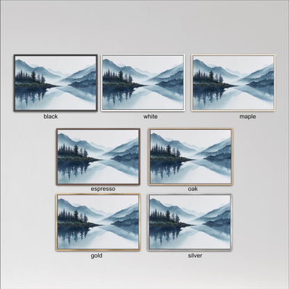 six framed landscape paintings depicting various mountain scenes, including forests, water, and mountains. The paintings are in different color schemes and frame styles, such as black, white, maple, espresso, oak, and gold.