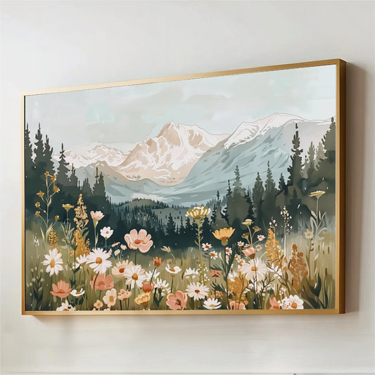 Wildflower Meadow Mountain Landscape, Vintage Nature Decor, Cottage Cabin Style, Framed Canvas Print