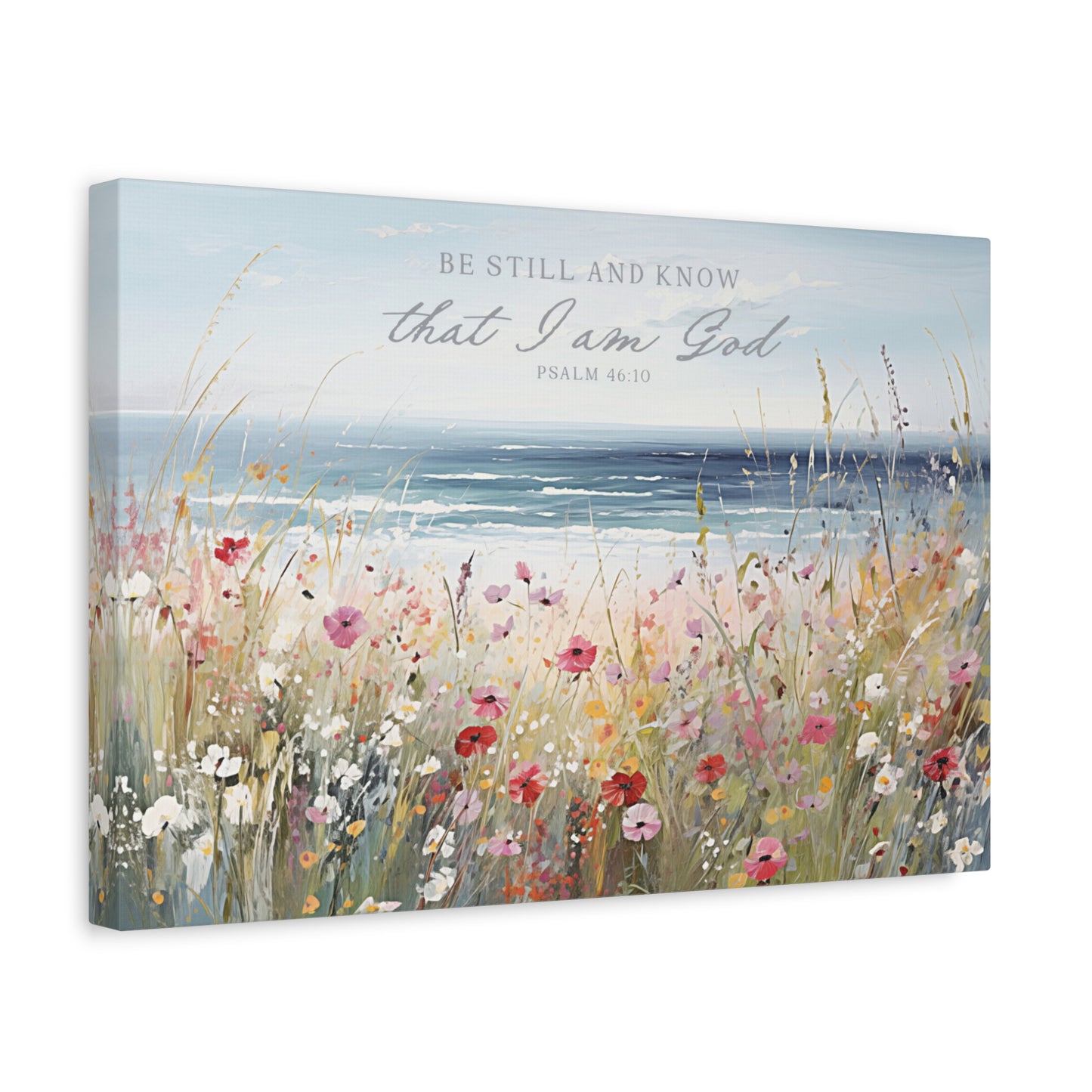 The image is a painting depicting a serene landscape with a field of colorful wildflowers in the foreground and a body of water in the background. The sky above is a light blue color, and the overall composition creates a sense of tranquility and beauty.