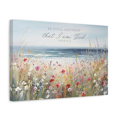 The image is a painting depicting a serene landscape with a field of colorful wildflowers in the foreground and a body of water in the background. The sky above is a light blue color, and the overall composition creates a sense of tranquility and beauty.