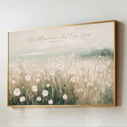 The image is a framed painting depicting a field of white flowers against a pale blue sky.