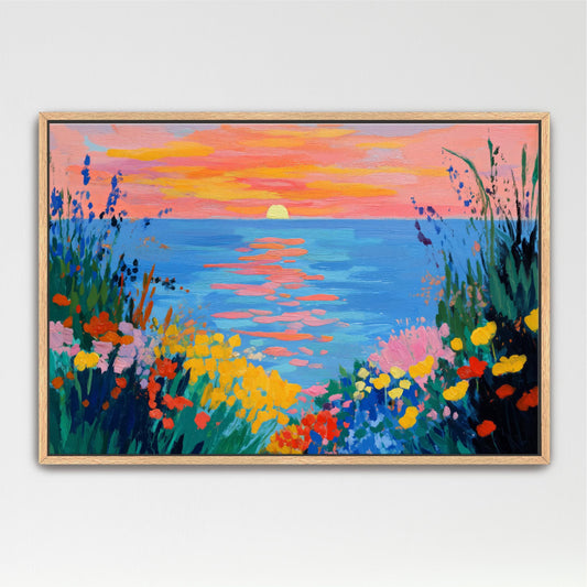 Coastal Wildflowers Sunset Cheerful, Colorful Fine Art, Spring Landscape Ocean Seascape, Wall Decor, Beach Cottage Floral Painting Artwork