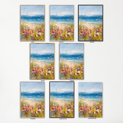 a collection of nine framed paintings depicting various landscapes, including a beach scene with flowers and a blue sky.