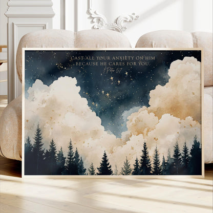 The image is a framed painting depicting a serene night sky with clouds and stars, featuring silhouettes of pine trees.