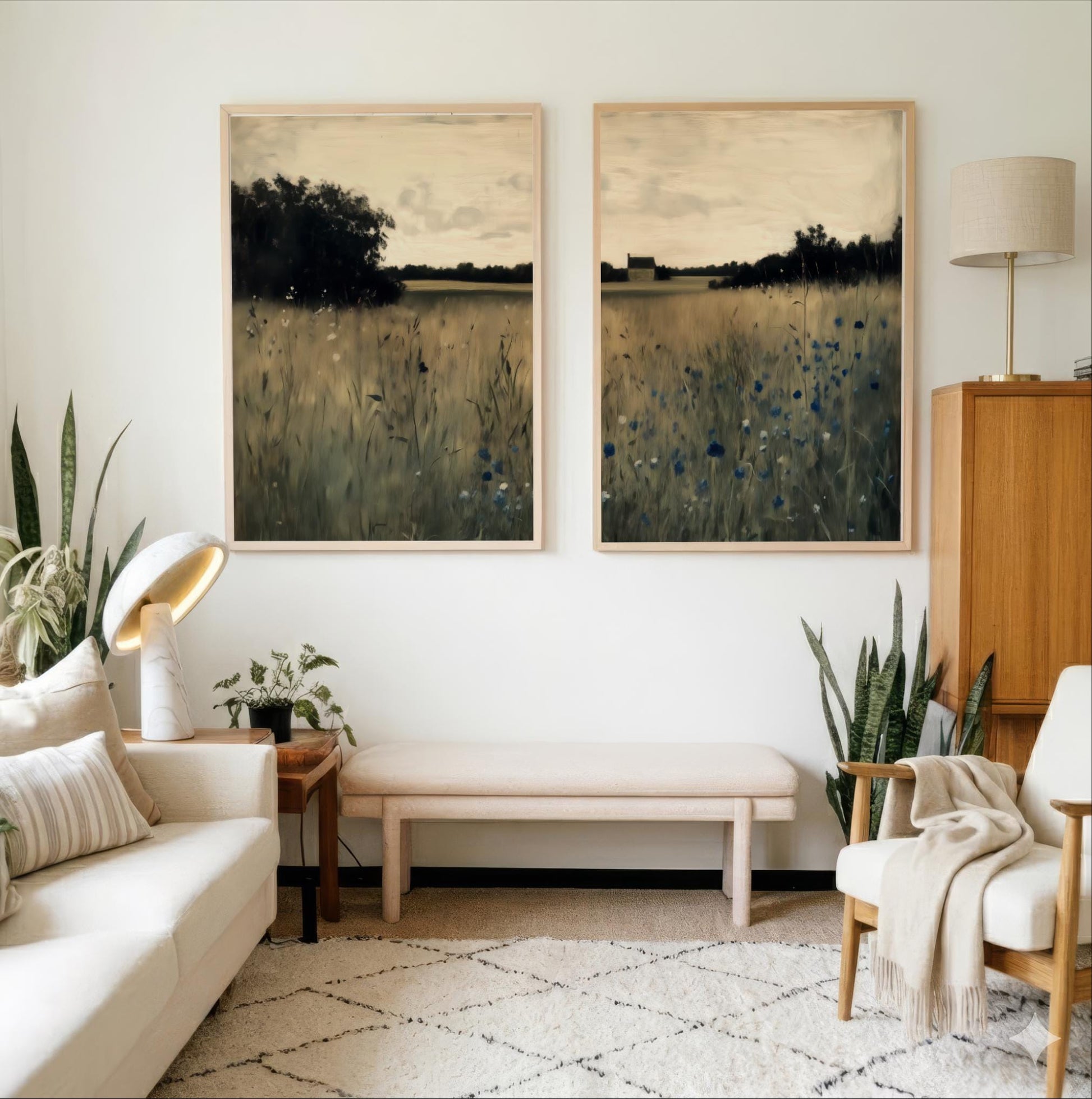 a cozy living room with a white sofa, a wooden side table, and two framed landscape paintings on the wall.