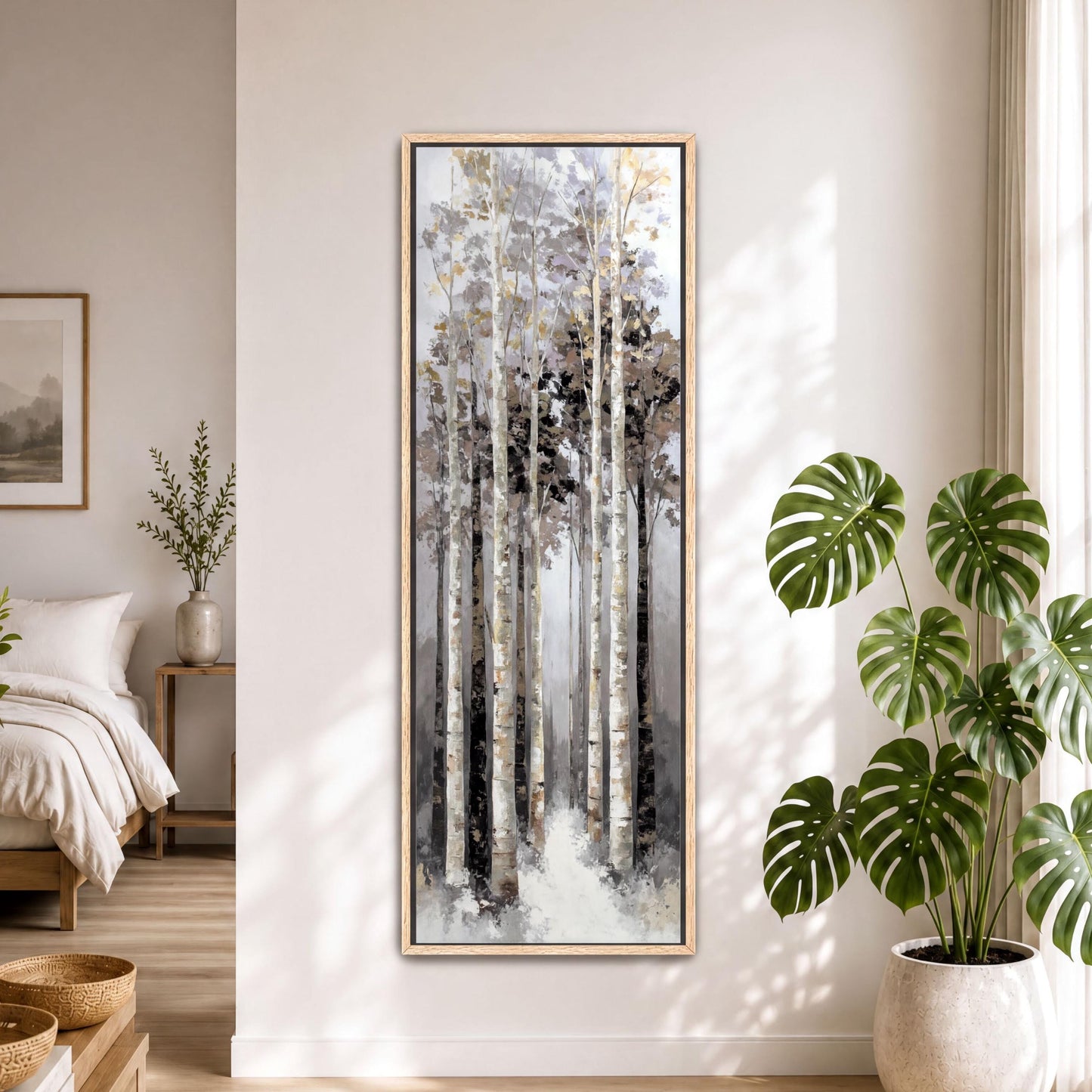 Winter Aspen Forest Canvas Print, Tall Birch Tree Wall Art, Vertical Woodland Landscape, Neutral Nature Decor, Framed Aspen Artwork