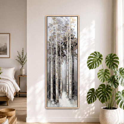 Winter Aspen Forest Canvas Print, Tall Birch Tree Wall Art, Vertical Woodland Landscape, Neutral Nature Decor, Framed Aspen Artwork