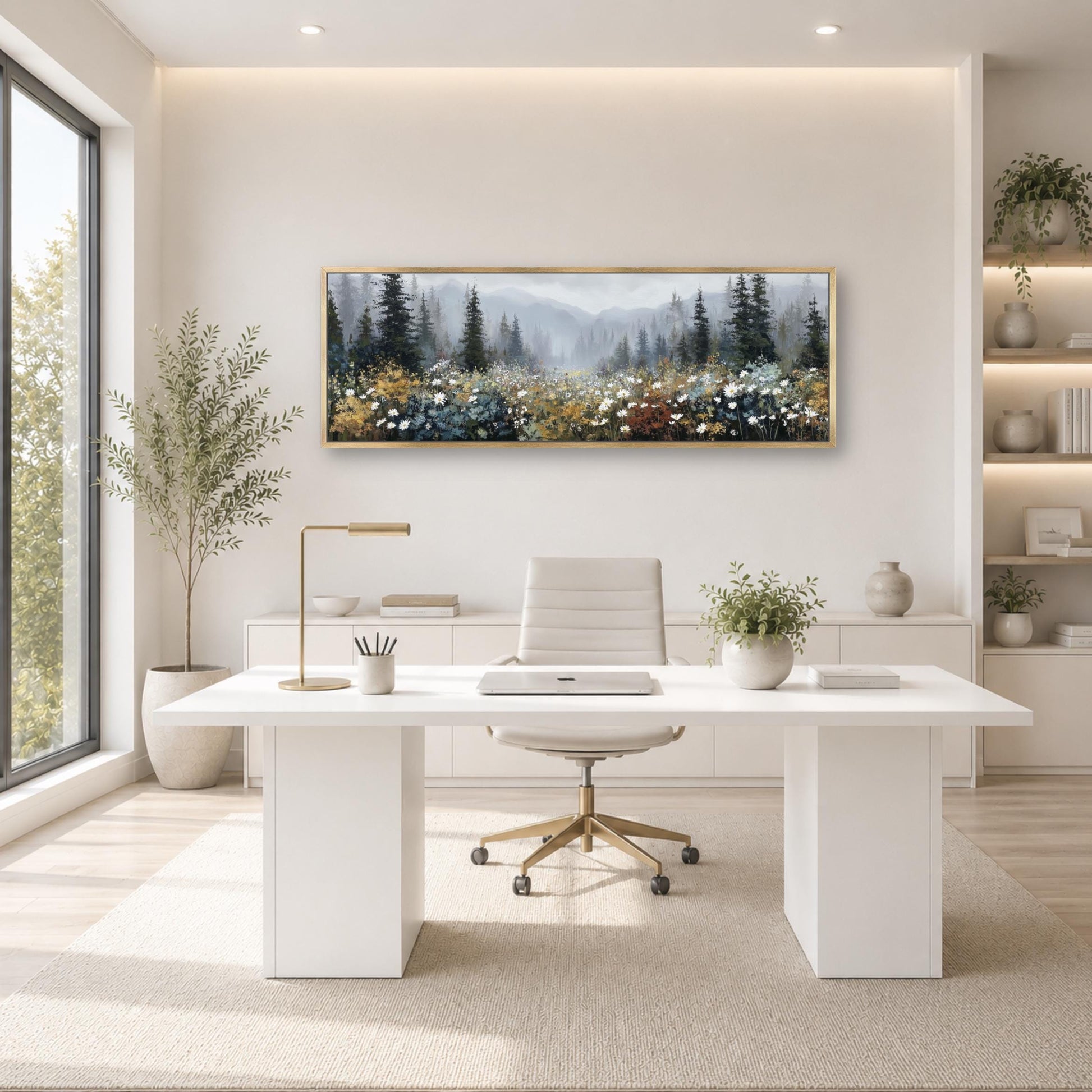 a modern, minimalist office space with a large window, a white desk, a white chair, and a framed landscape painting on the wall.