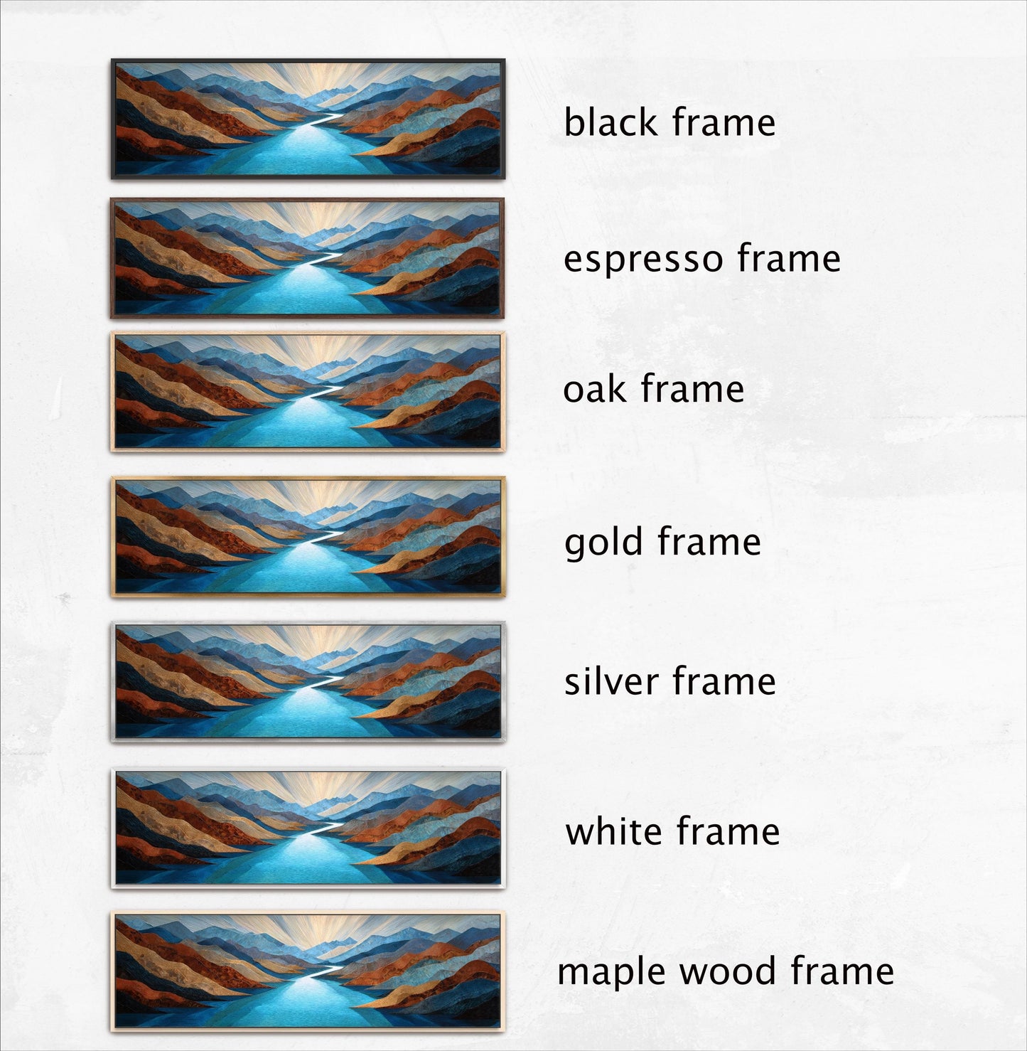 six different frames of a landscape painting, each with a different frame color and style. The frames include black, espresso, oak, gold, silver, and white frames, as well as a maple wood frame.