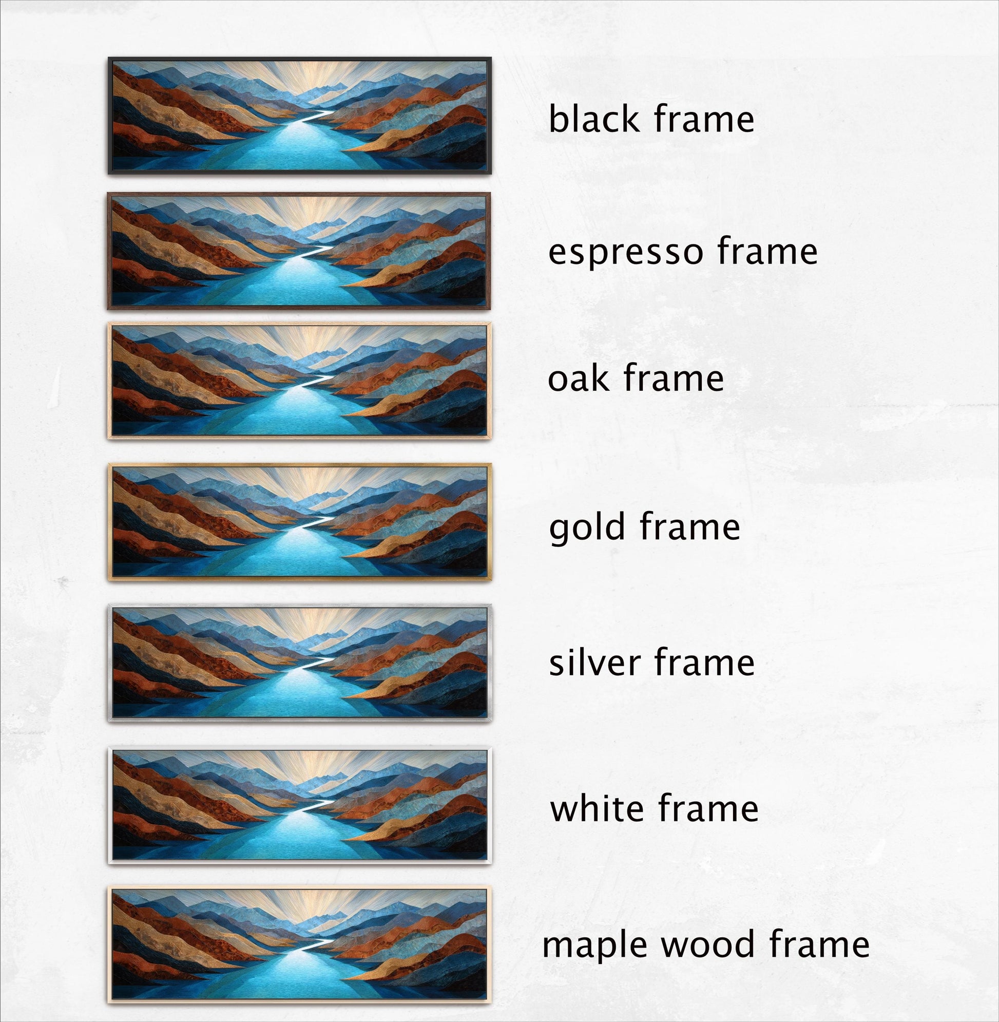 six different frames of a landscape painting, each with a different frame color and style. The frames include black, espresso, oak, gold, silver, and white frames, as well as a maple wood frame.