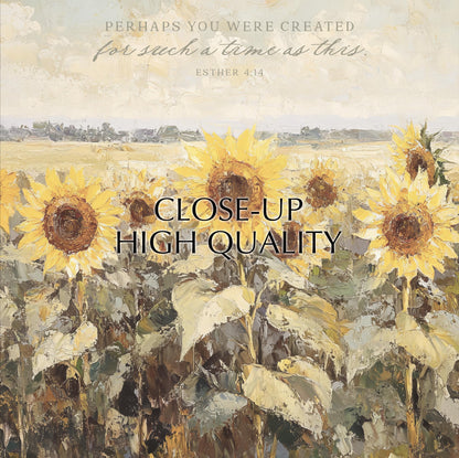 The image is a painting of a field of sunflowers, with a Bible verse from Esther 4:14 overlaid on the scene.