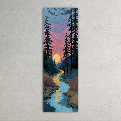 A painting depicting a serene forest scene with a winding river, trees, and a sunset sky.