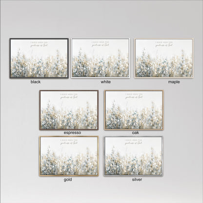 six framed artworks, each with a different color and frame style, arranged in a grid. The artworks depict a field of flowers, and the text "I have seen the glory of God" is visible in each frame.