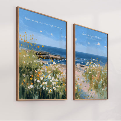 two framed paintings of a coastal landscape with a field of flowers in the foreground and the ocean in the background.
