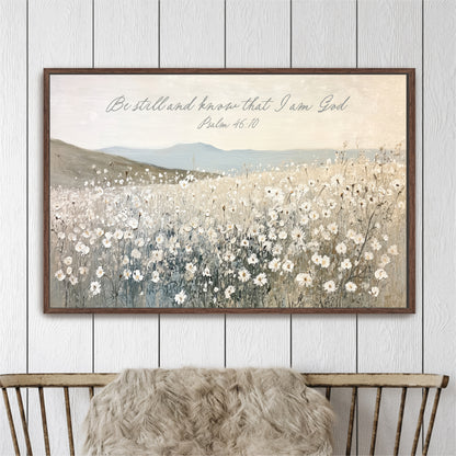 The image is a framed painting depicting a field of white flowers against a backdrop of mountains.