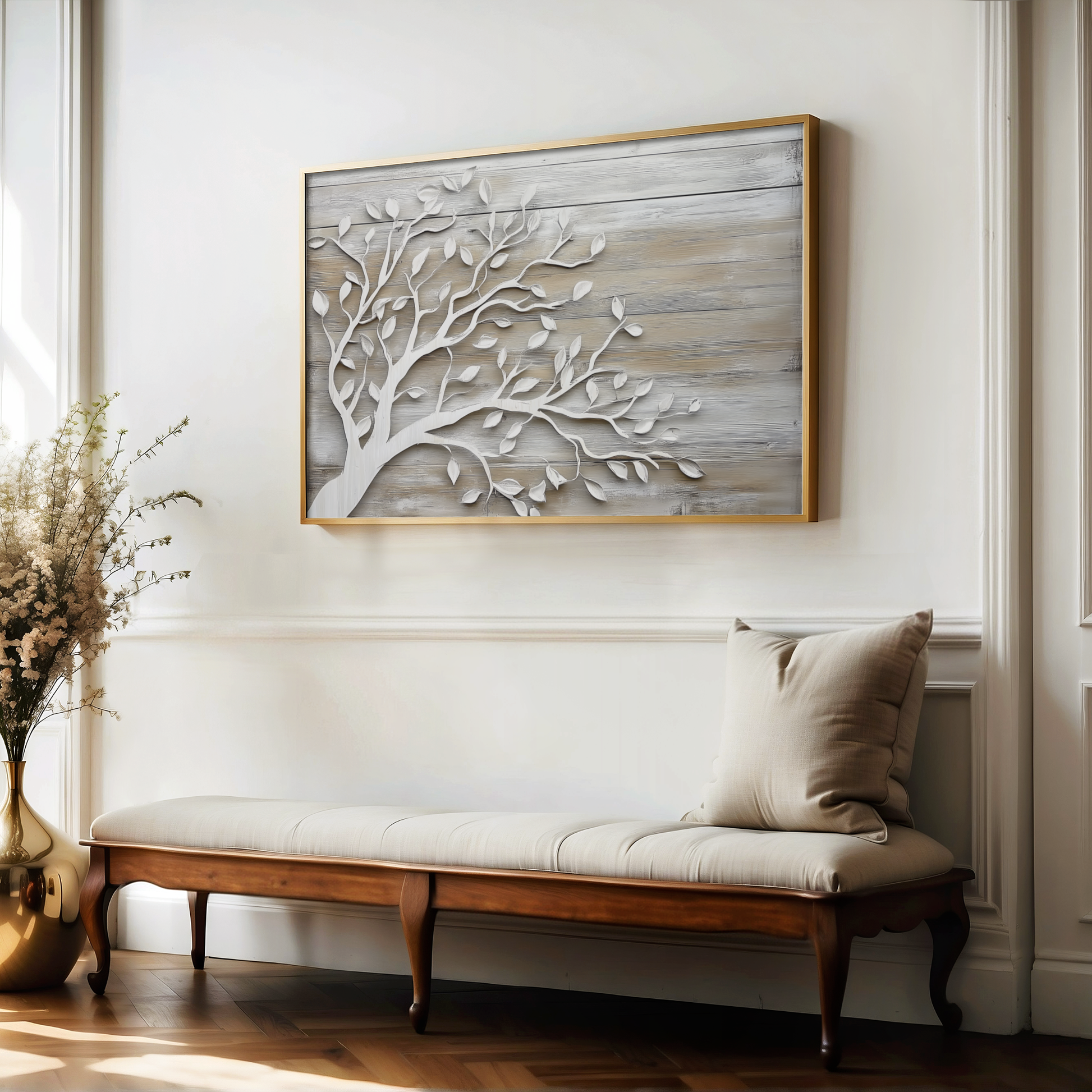 a wooden bench with a white pillow, situated in a room with a large white tree-like artwork hanging on the wall above it.