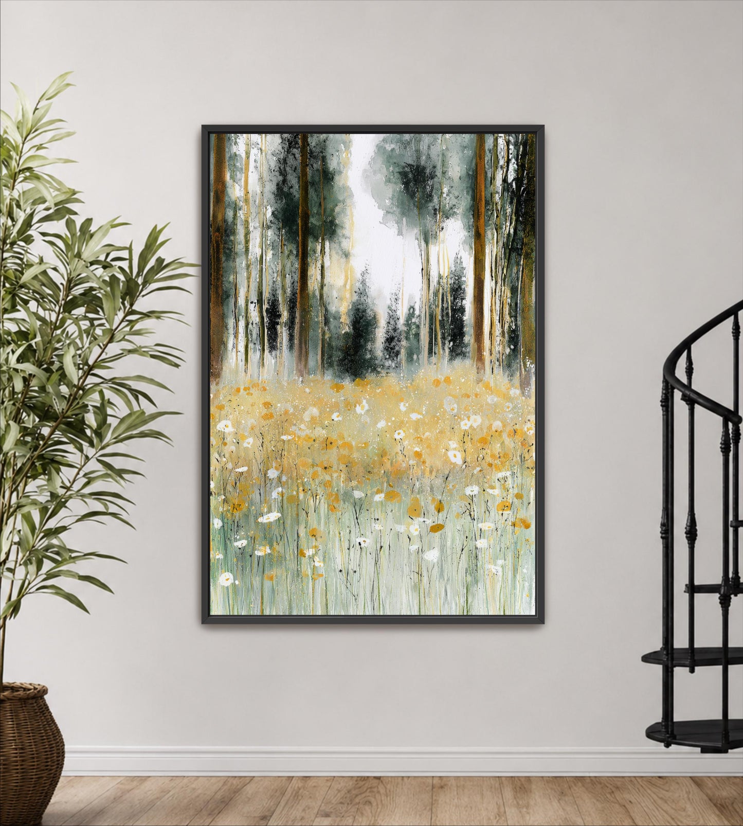 a framed painting of a field of flowers, with tall trees in the background.