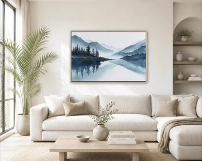 a serene living room with a large painting of a mountain landscape hanging on the wall above a white sofa. The painting features a calm lake surrounded by mountains, creating a peaceful and tranquil atmosphere. The room is decorated with a potted plant, a vase with greenery, and a stack of books on a coffee table. The overall scene conveys a sense of relaxation and harmony.