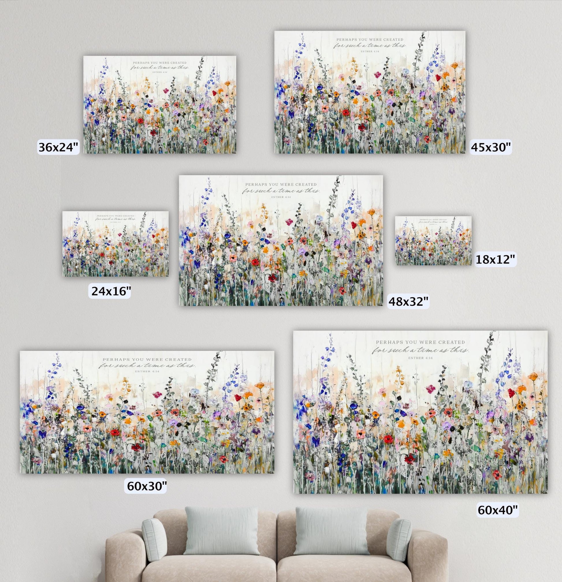 a collection of five framed paintings or prints of a field of colorful flowers, each with a different size and frame.