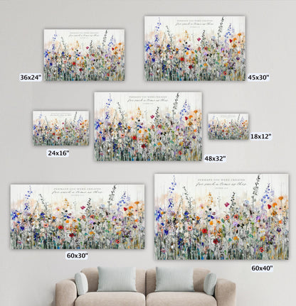 a collection of five framed paintings or prints of a field of colorful flowers, each with a different size and frame.
