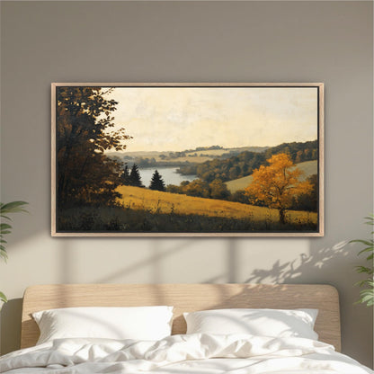 a large landscape painting hanging on a wall above a bed with white pillows.