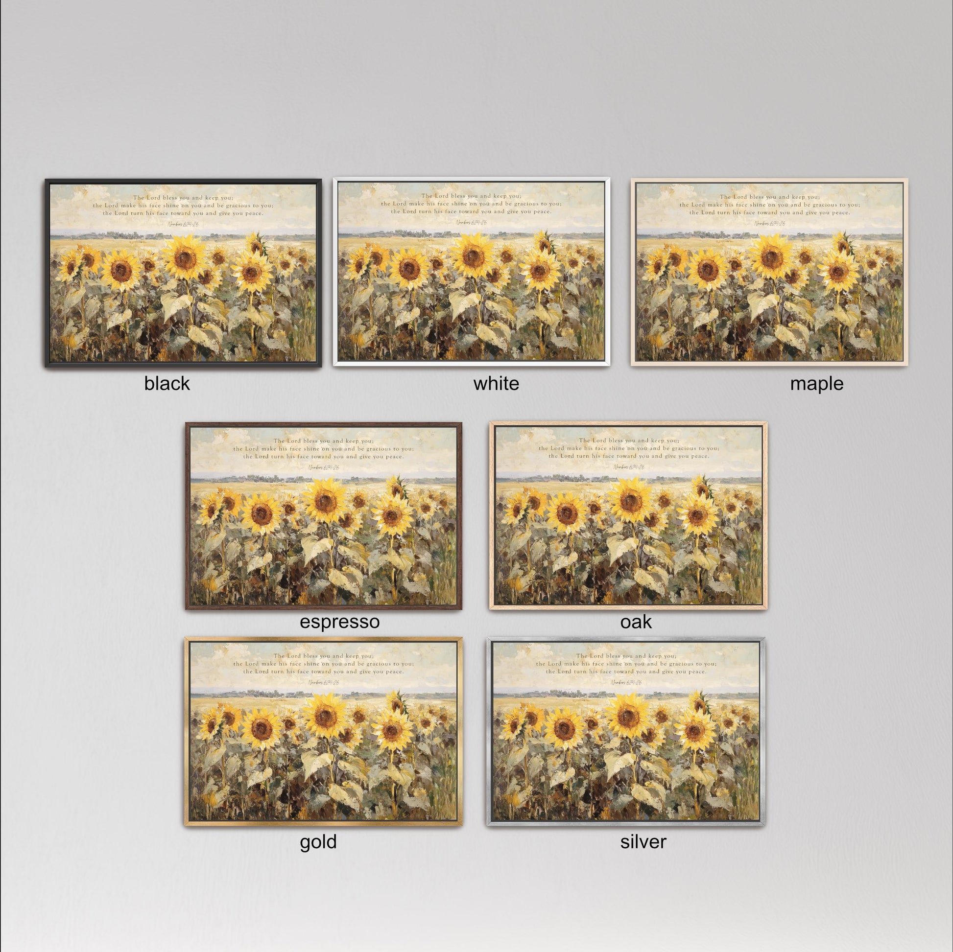 six framed pictures of sunflowers, each with a different color frame. The frames are labeled with the color of the frame, such as black, white, maple, espresso, oak, gold, and silver.