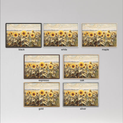 six framed pictures of sunflowers, each with a different color frame. The frames are labeled with the color of the frame, such as black, white, maple, espresso, oak, gold, and silver.