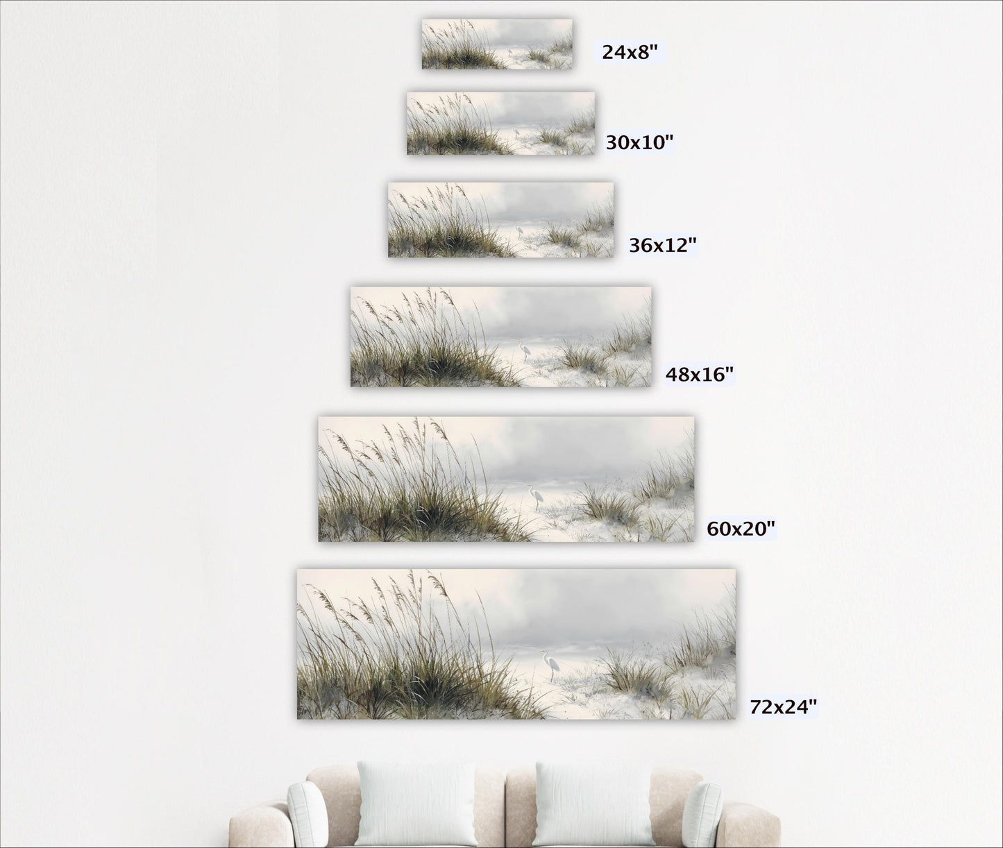 A series of framed landscape photographs depicting a serene beach scene with tall grasses and a body of water.